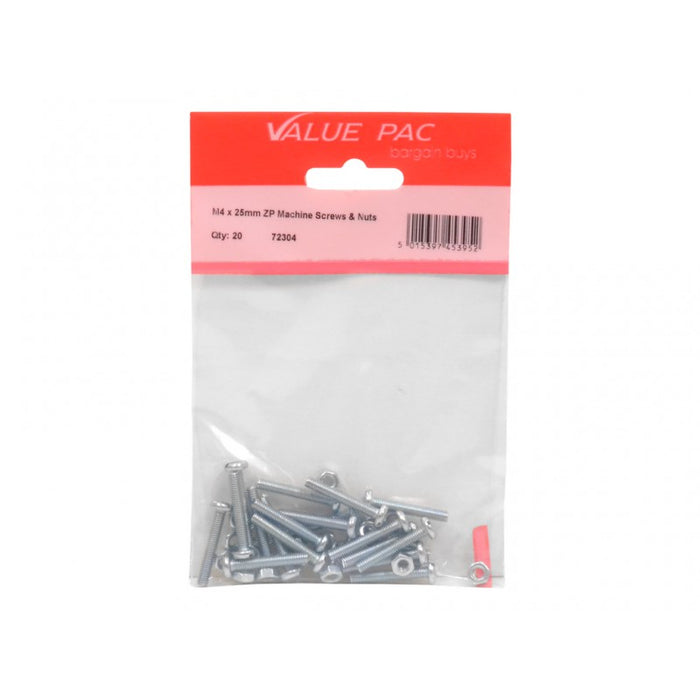 M4 x 25mm ZP Machine Screws & Nuts 14pk