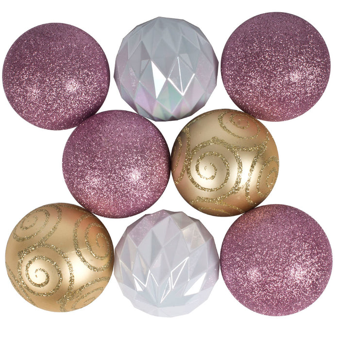 Pack Of 8 Pink, White & Gold Shatterproof Baubles