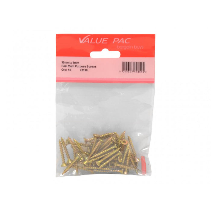 4mm x 30mm ZYP Multi Purpose Single Thread Countersunk Pozi Screws 32pk