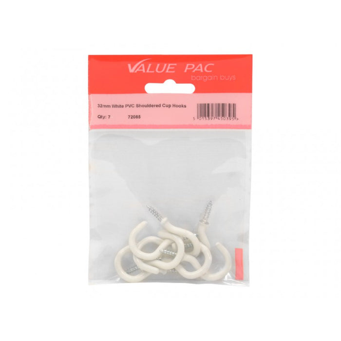 32mm White PVC Shouldered Cup Hooks 7pk