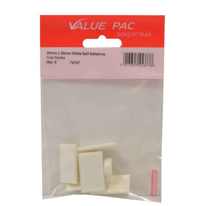 30mm x 20mm White Self Adhesive Cup Hooks 5pk
