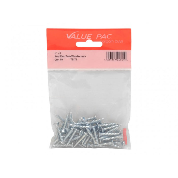 1" x 8 ZP Cross Recessed Countersunk Hardened Twin Thread Screws 36pk