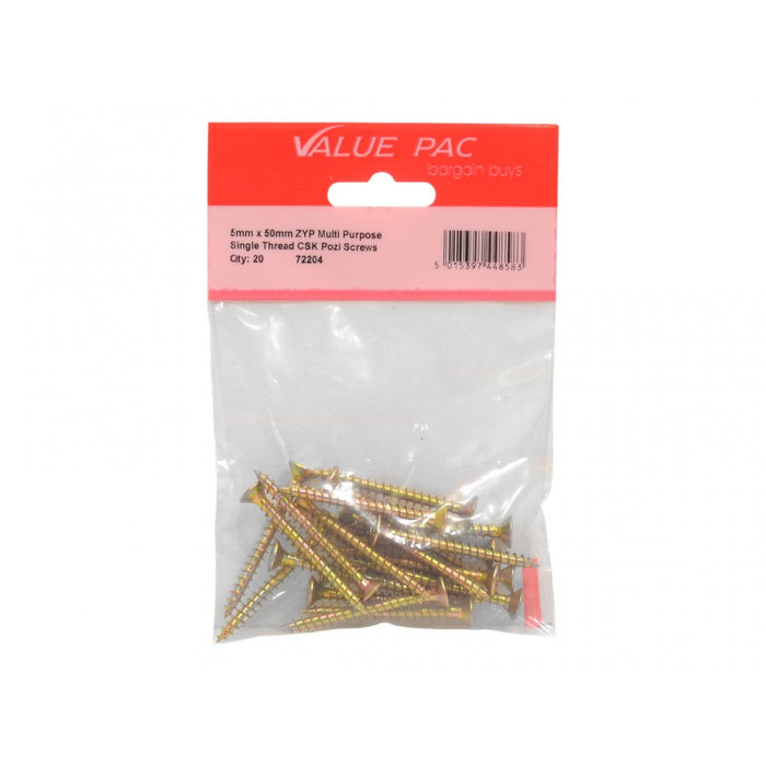 5mm x 50mm ZYP Multi Purpose Single Thread Countersunk Pozi Screws 15pk