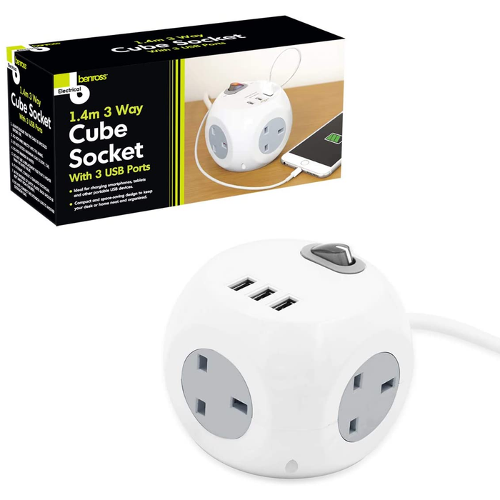 1.4m 3 Way Cube Socket With 3 USB Ports
