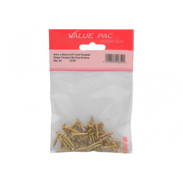 4mm x 20mm ZYP Multi Purpose Single Thread Countersunk Pozi Screws 45pk