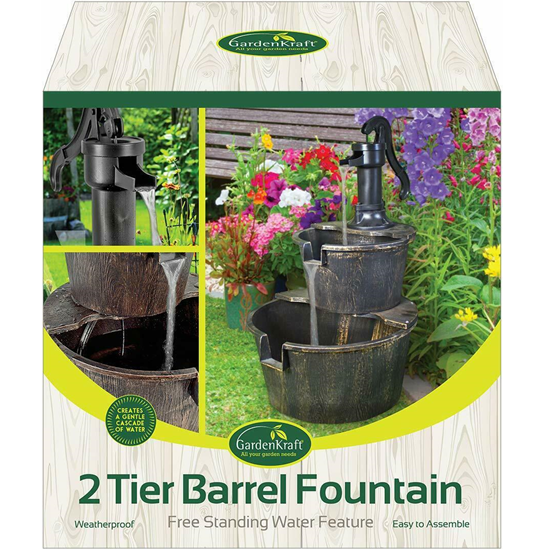 Outdoor 2-Tier Barrel Water Fountain with Pump - Bronze