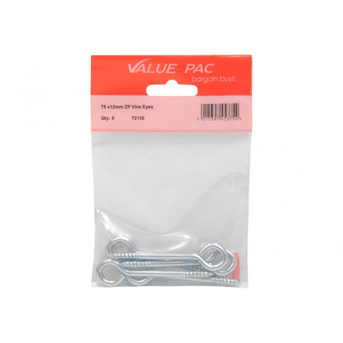 75mm x 12mm Screw In Steel Vine Eyes 5pk