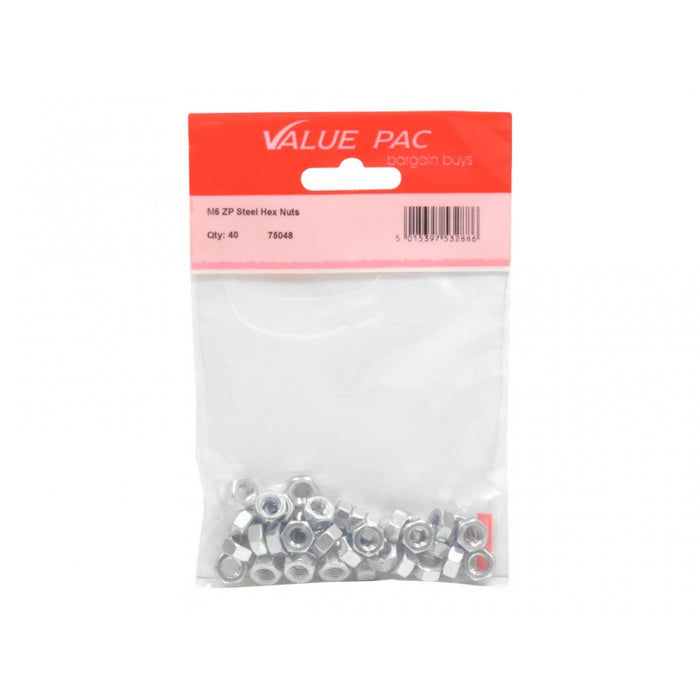 M6 ZP Steel Hex Nuts 40pk