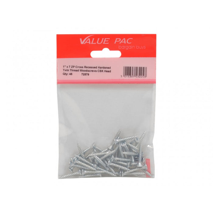 1" x 7 ZP Cross Recessed Hardened Twin Thread Woodscrews with Countersunk Head 40pk