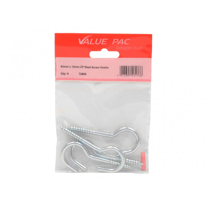 80mm x 12mm ZP Steel Screw Hooks 4pk