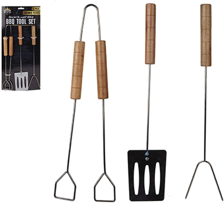 BBQ Steel Set With Wood Handles 3pk