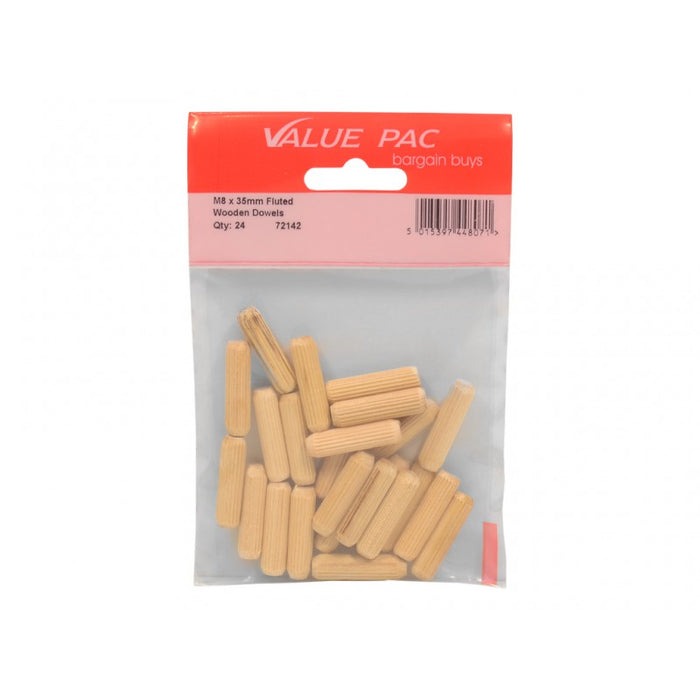 M8 x 35mm Fluted Wooden Dowels 18pk