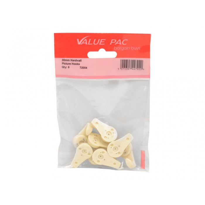 30mm Plastic Hard Wall Picture Hooks 6pk