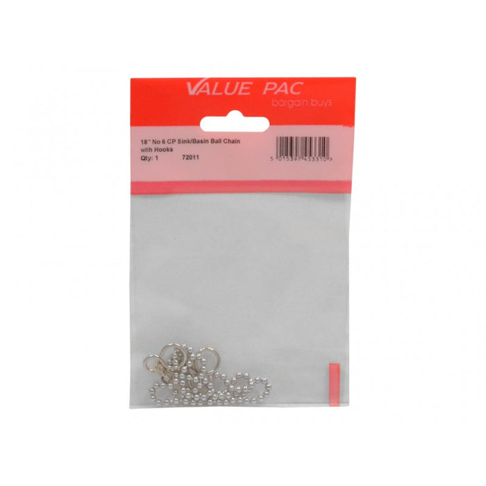 18" No 6 CP Sink/Basin Ball Chain with Hooks