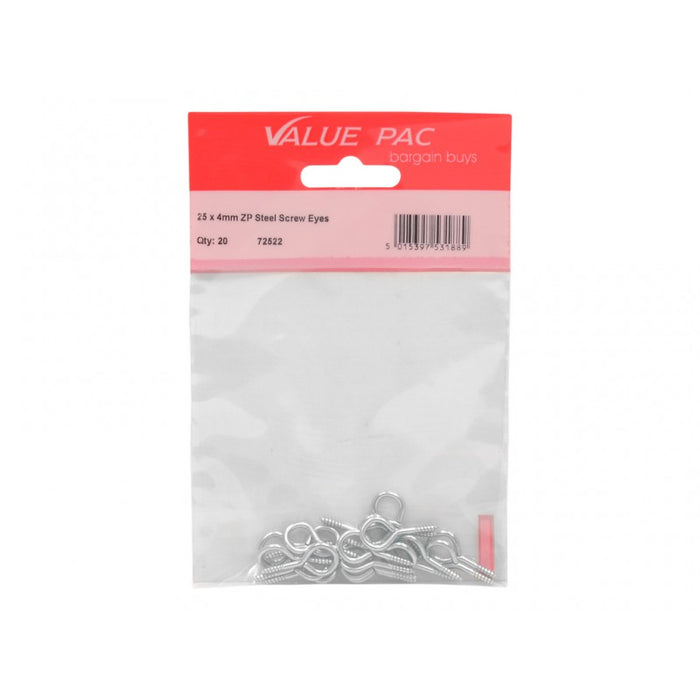 25 x 2mm ZP Steel Screw Eyes 18pk