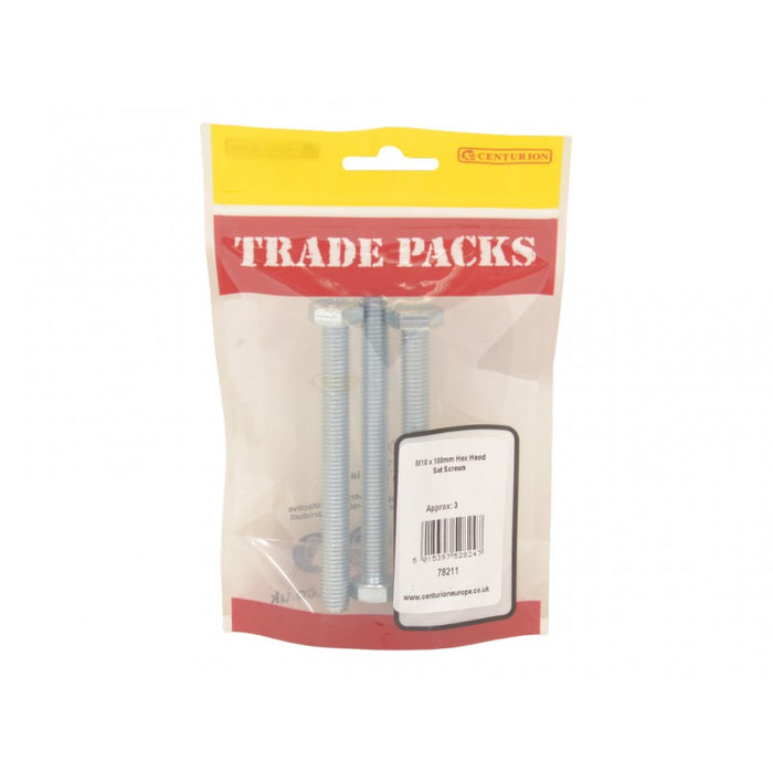 Hex Head Set Screws - ZP - M10 x 100mm (3 PK)