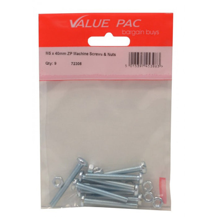 M5 x 40mm ZP Machine Screws & Nuts 8pk
