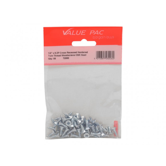 1/2" x 8 ZP Cross Recessed Hardened Twin Thread Woodscrews with Countersunk Head 50pk