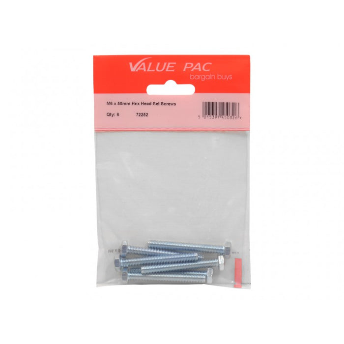 M6 x 50mm Hex Head Set Screws 5pk