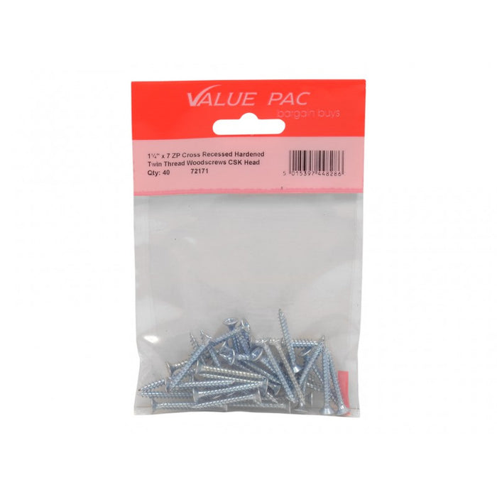 1 1/4" x 7 ZP Cross Recessed Hardened Twin Thread Woodscrews with Countersunk Head 36pk