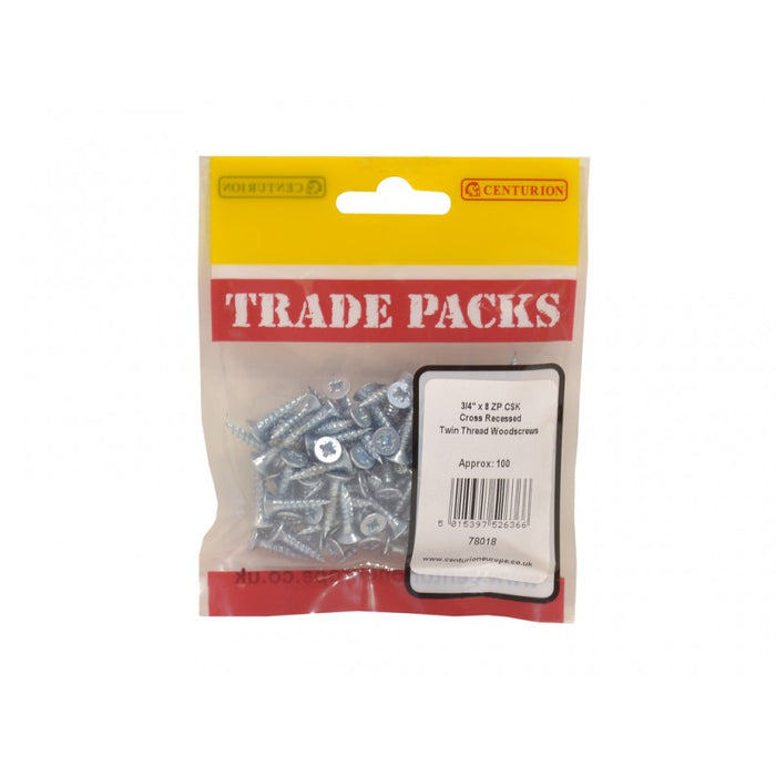 Pozi Twinthread Countersunk Woodscrews - ZP - 3/4" x 8 (100 PK)
