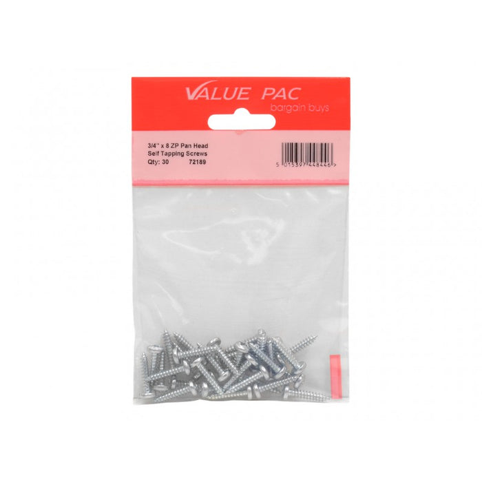 3/4" x 8 ZP Pan Head Self Tapping Screws 25pk