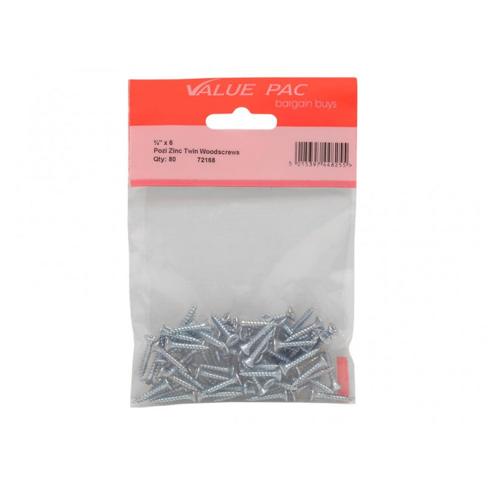 3/4" x 6 ZP Cross Recessed Hardened Twin Thread Woodscrews with Countersunk Head 60pk