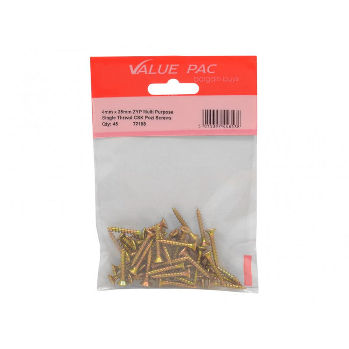 4mm x 25mm ZYP Multi Purpose Single Thread Countersunk Pozi Screws 40pk
