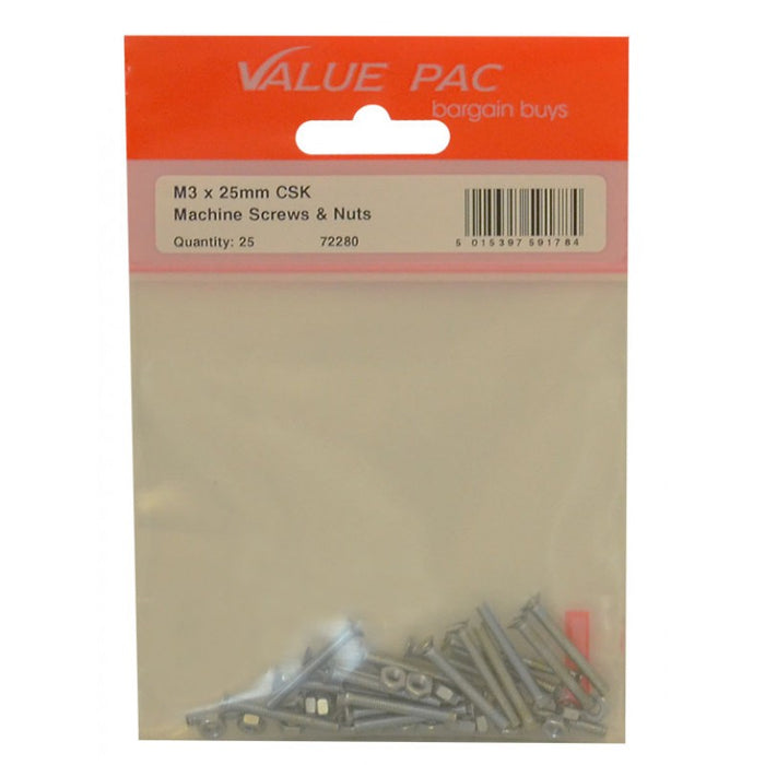 M3 x 25mm ZP Machine Screws & Nuts CSK