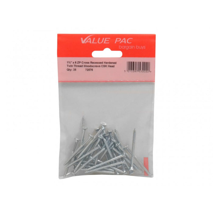 1 3/4" x 6 ZP Cross Recessed Hardened Twin Thread Woodscrews with Countersunk Head 25pk