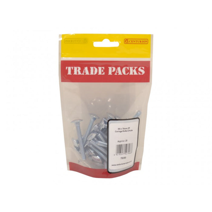 Carriage Bolts & Nuts Small - ZP - M6 x 75mm (25 PK)