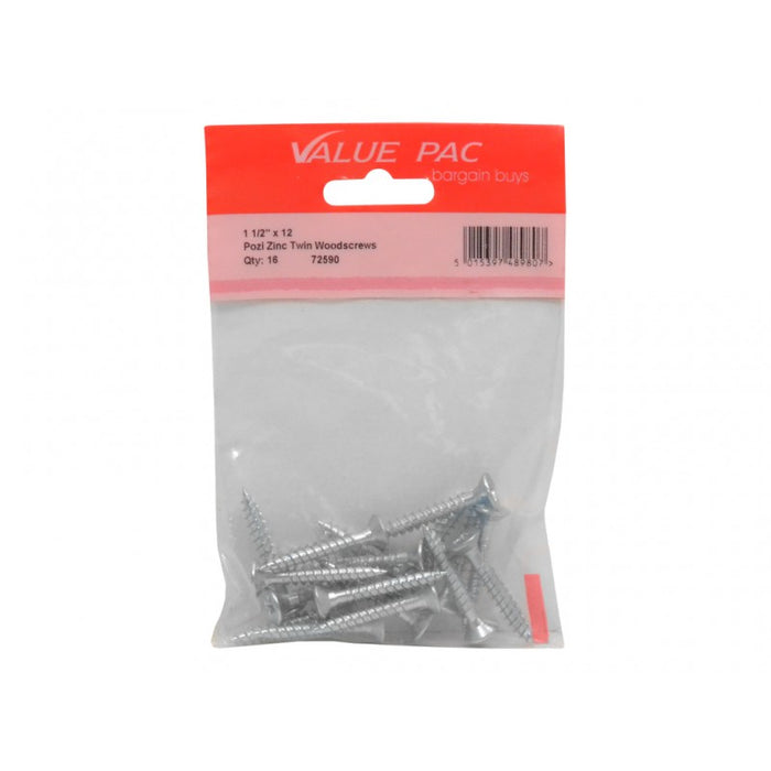 1 1/2" x 12 Pozi CSK ZP Twin Screws 15pk