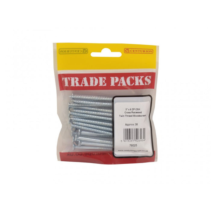 Pozi Twinthread Countersunk Woodscrews - ZP - 3" x 8 (30 PK)