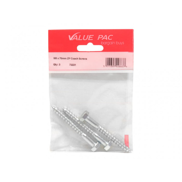 M8 x 70mm ZP Coach Screws