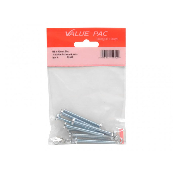 M5 x 50mm ZP Machine Screws & Nuts 6pk