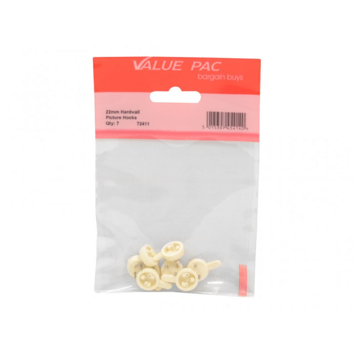 22mm Plastic Hard Wall Picture Hooks 7pk