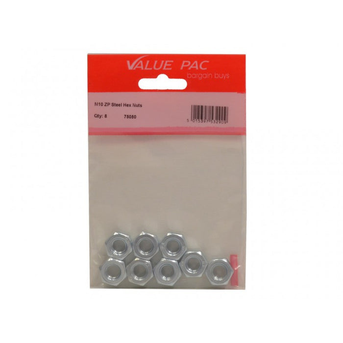 M10 ZP Steel Hex Nuts 8pk