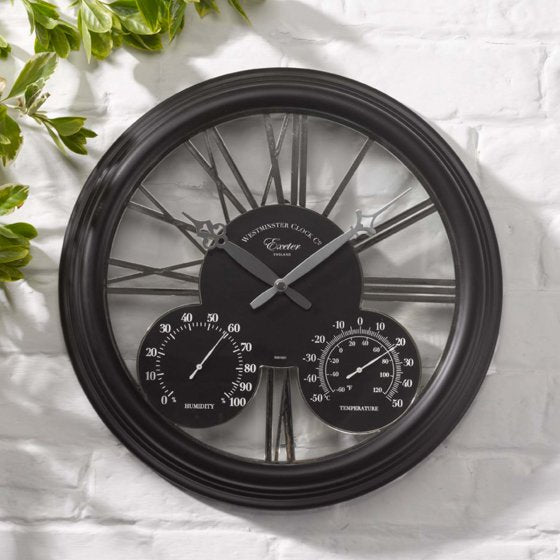 Exeter Wall Clock & Thermometer 15in - Black