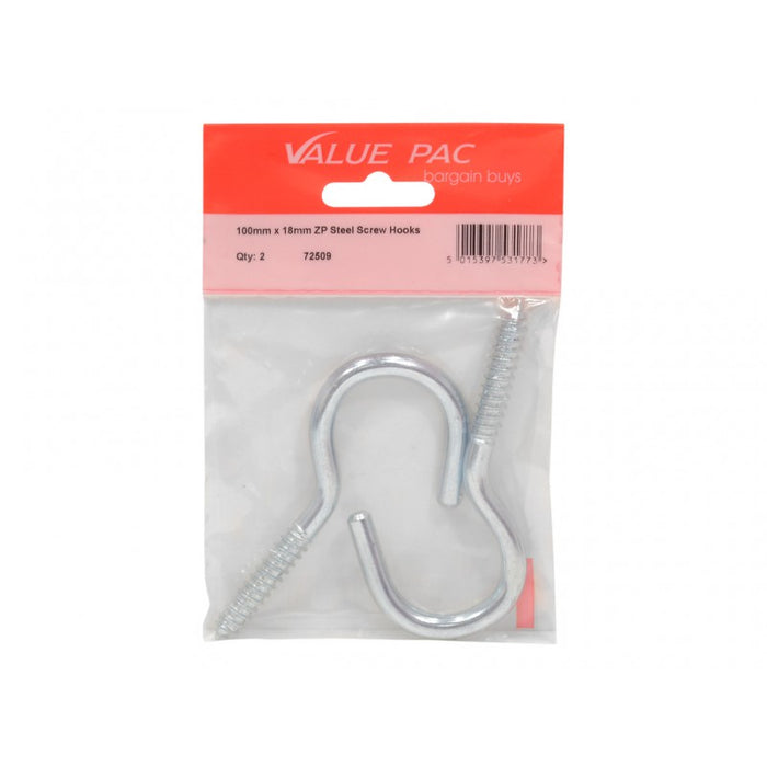 100mm x 18mm ZP Steel Screw Hooks 2pk
