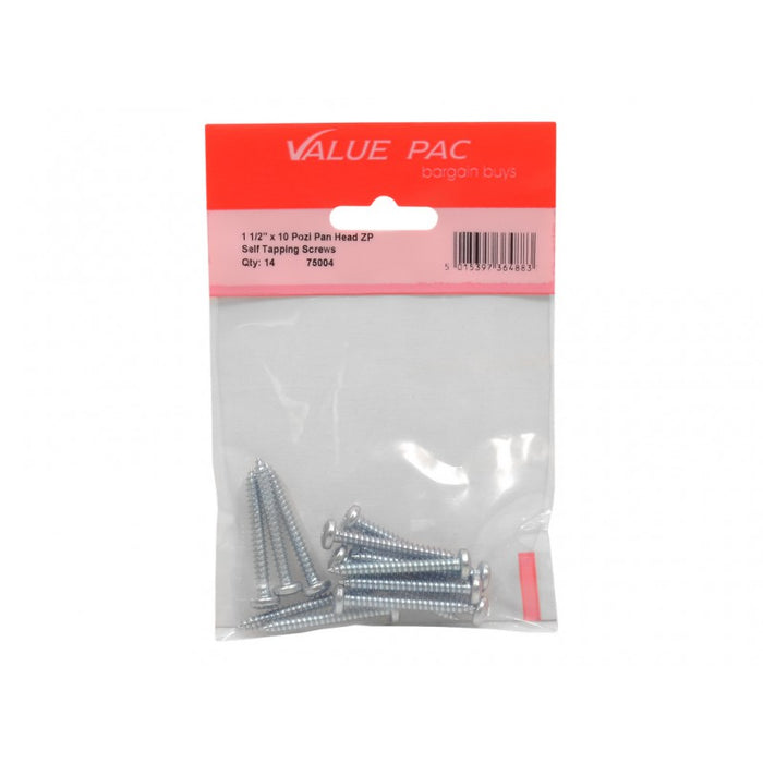 1 1/2" x 10 Pozi Pan Head ZP Self Tapping Screws 12pk