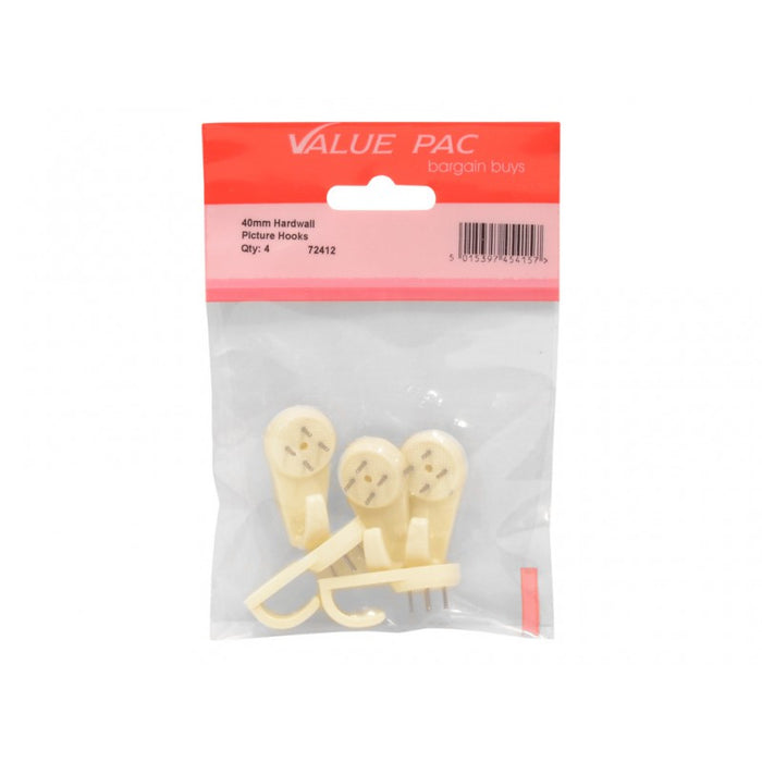 40mm Plastic Hard Wall Picture Hooks 4pk