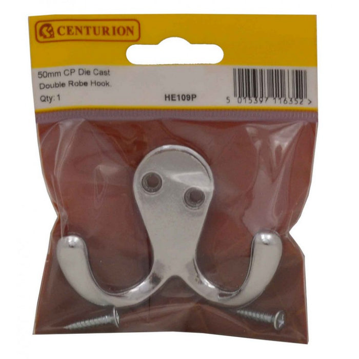 50mm CP Die Cast Double Robe Hook