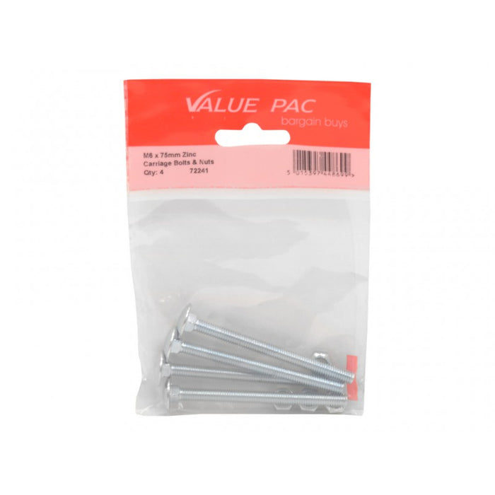 M6 x 75mm ZP Small Carriage Bolts & Nuts