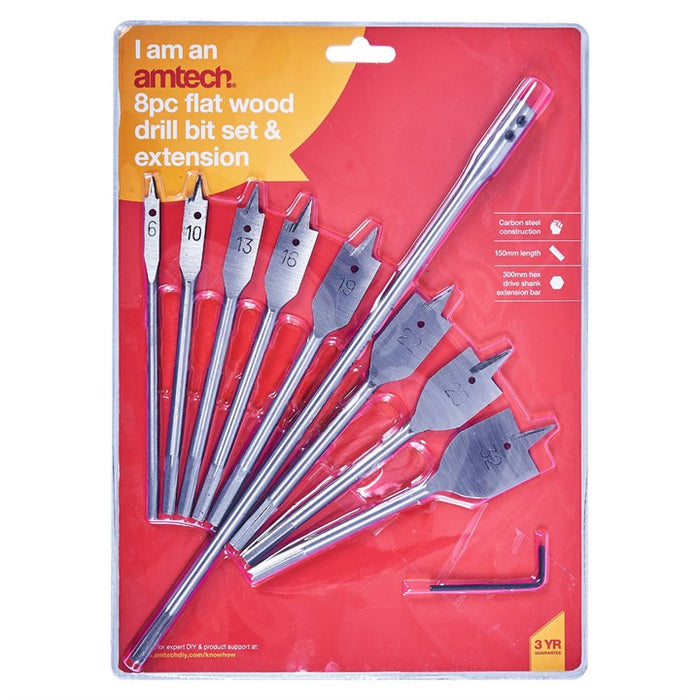 8pc Flat Wood Bit Set + 12'' Extension