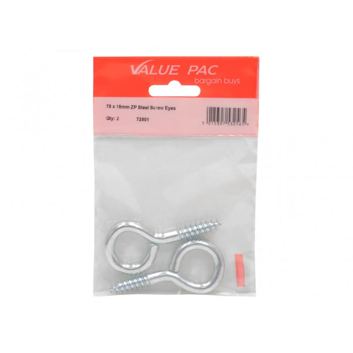 75 x 7.3mm ZP Steel Screw Eyes 2pk