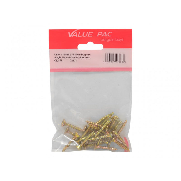 5mm x 30mm ZYP Multi Purpose Single Thread Countersunk Pozi Screws 20pk