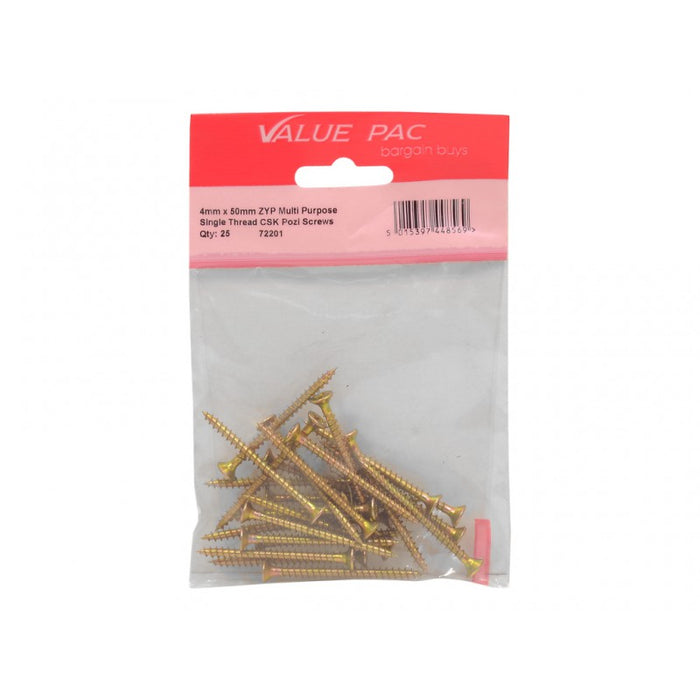 4mm x 50mm ZYP Multi Purpose Single Thread Countersunk Pozi Screws 20pk