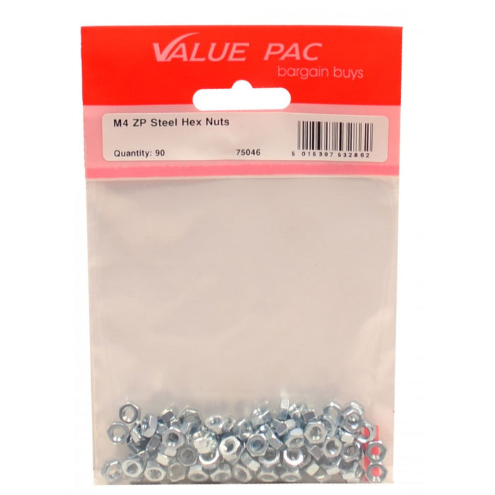 M4 ZP Steel Hex Nuts 90pk