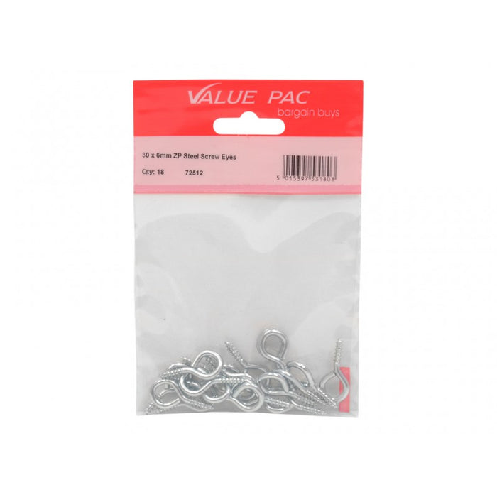 30 x 3mm ZP Steel Screw Eyes 18pk