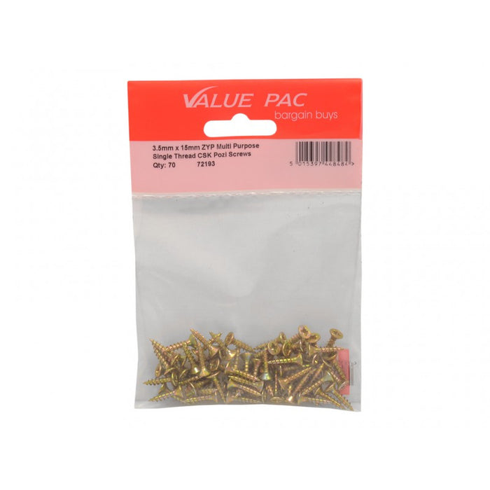 3.5mm x 15mm ZYP Multi Purpose Single Thread Countersunk Pozi Screws 50pk